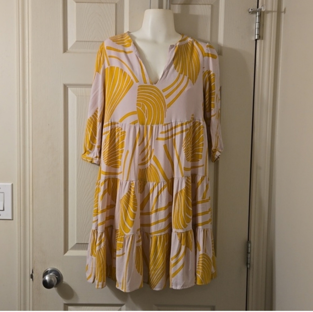 See U Soon brand tropical leaf pattern tiered dress in a pale pink and yellow - Picture 7 of 7